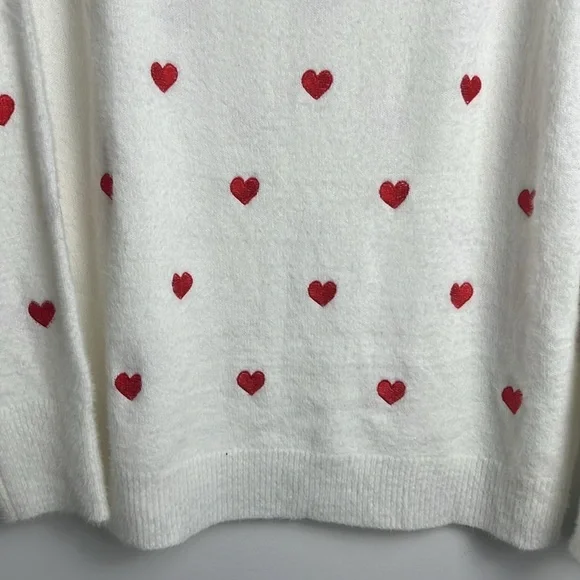 Pink Lily Cream V-Neck Embroidered Heart Fuzzy Soft Long Sleeve Sweater Size 2XL - Picture 5 of 13